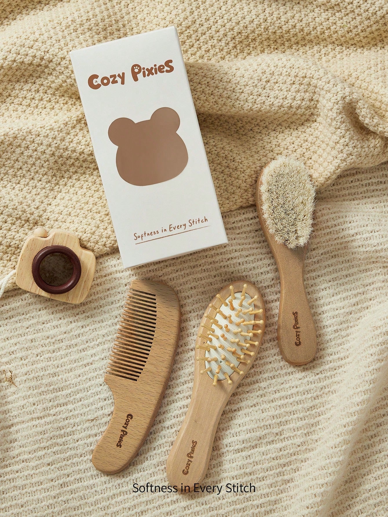 Cozy Pixies Comb Brush Three-Piece Set, Soft Brush, Small Baby Care Bath Tool 3pcs Baby Care Grooming Set With Wooden Wool Brush