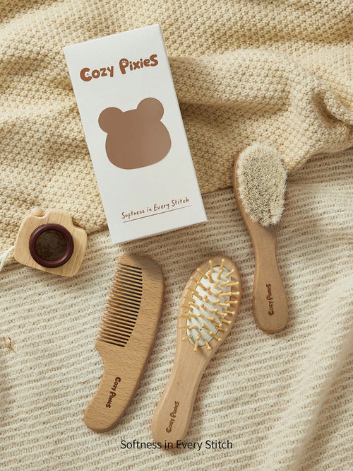 Cozy Pixies Comb Brush Three-Piece Set, Soft Brush, Small Baby Care Bath Tool 3pcs Baby Care Grooming Set With Wooden Wool Brush