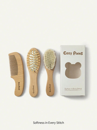 Cozy Pixies Comb Brush Three-Piece Set, Soft Brush, Small Baby Care Bath Tool 3pcs Baby Care Grooming Set With Wooden Wool Brush