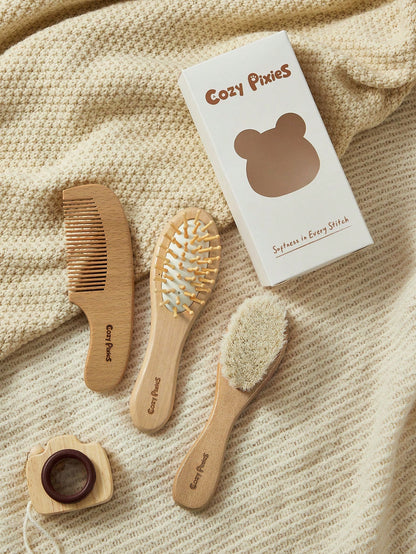 Cozy Pixies Comb Brush Three-Piece Set, Soft Brush, Small Baby Care Bath Tool 3pcs Baby Care Grooming Set With Wooden Wool Brush
