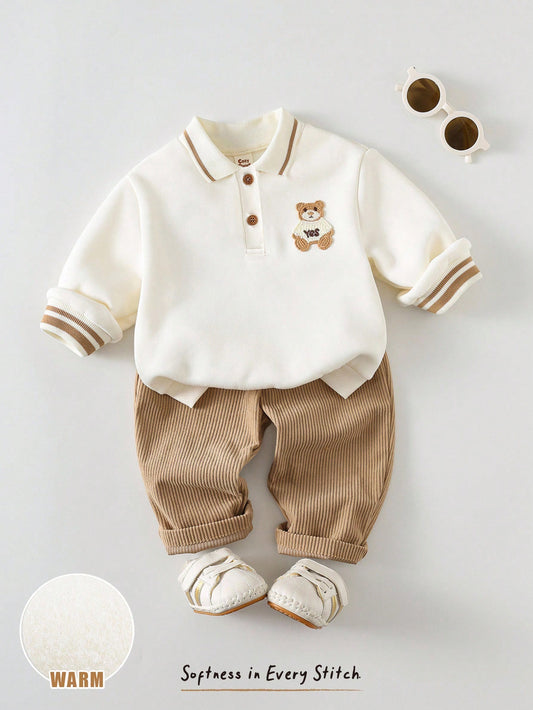 Cozy Pixies Newborn Baby Bear Pattern Contrast Color Polo Collar Long Sleeve Sweatshirt And Pants Set