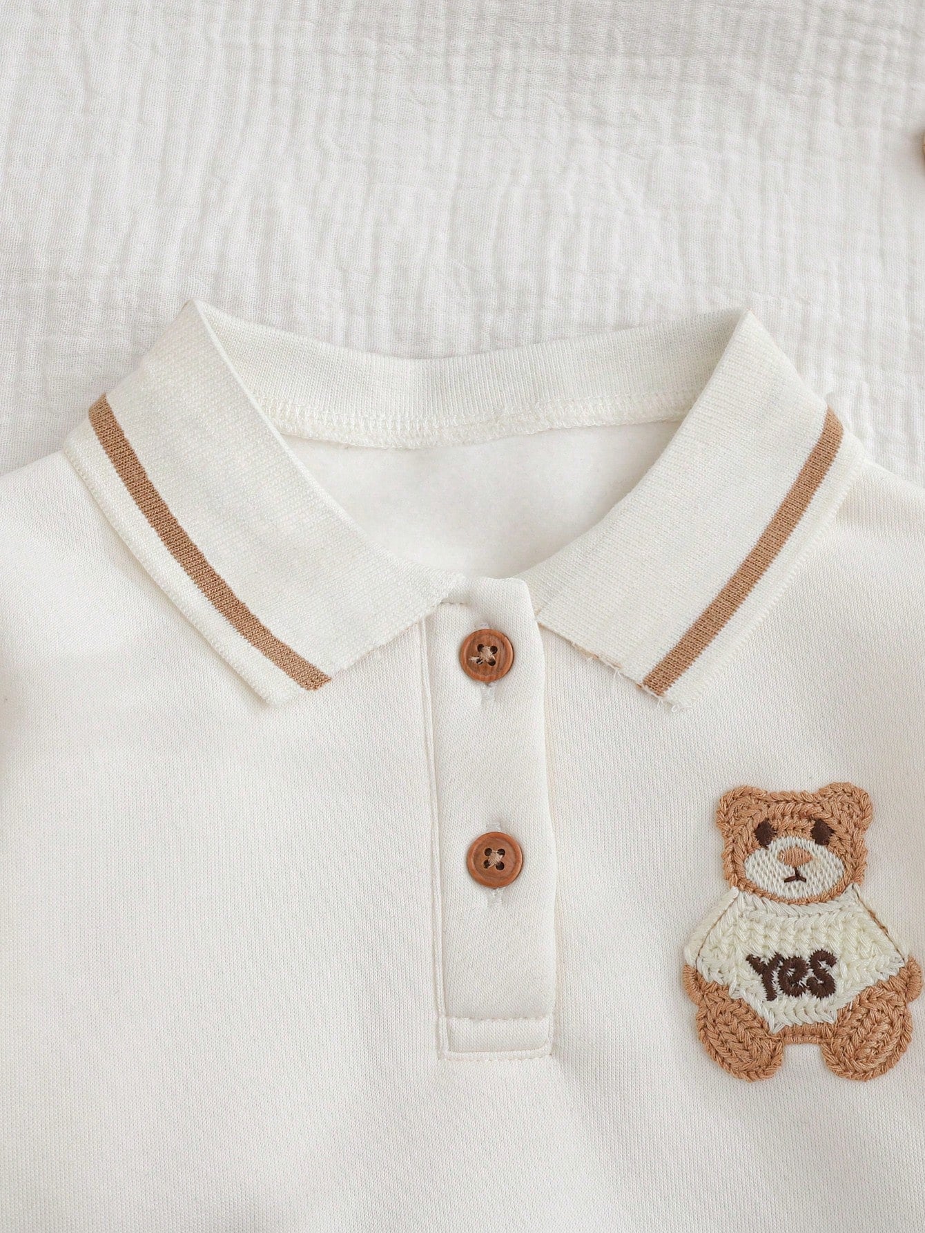 Cozy Pixies Newborn Baby Bear Pattern Contrast Color Polo Collar Long Sleeve Sweatshirt And Pants Set