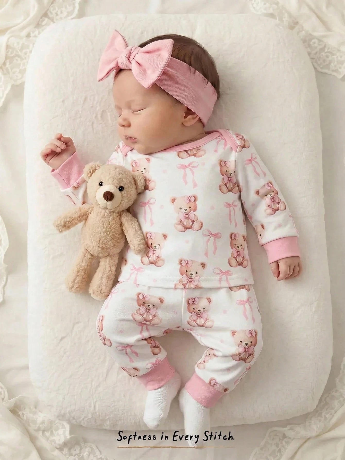 Cozy Pixies Newborn Baby Girl Cartoon Bear Pattern Knitted Soft Round Neck Long Sleeve Pullover Top And Elastic Waist Long Pants 2-Piece Set Comfy Soft Cute