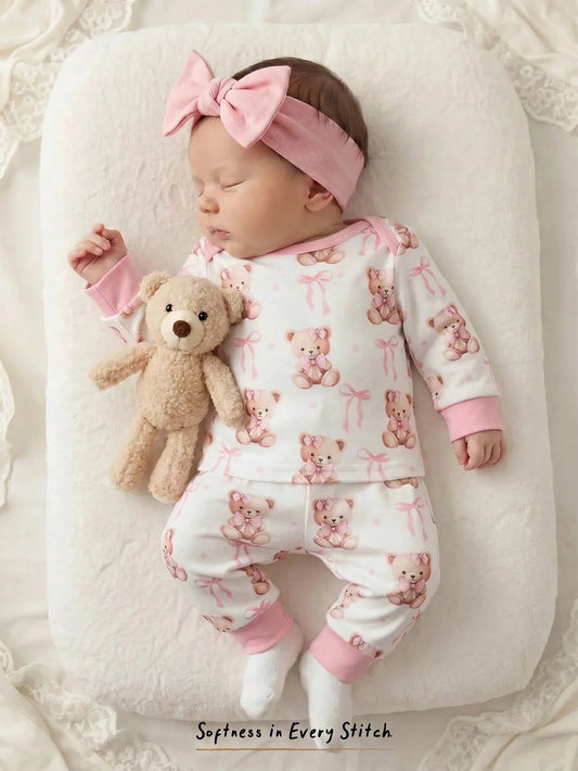 Cozy Pixies Newborn Baby Girl Cartoon Bear Pattern Knitted Soft Round Neck Long Sleeve Pullover Top And Elastic Waist Long Pants 2-Piece Set Comfy Soft Cute