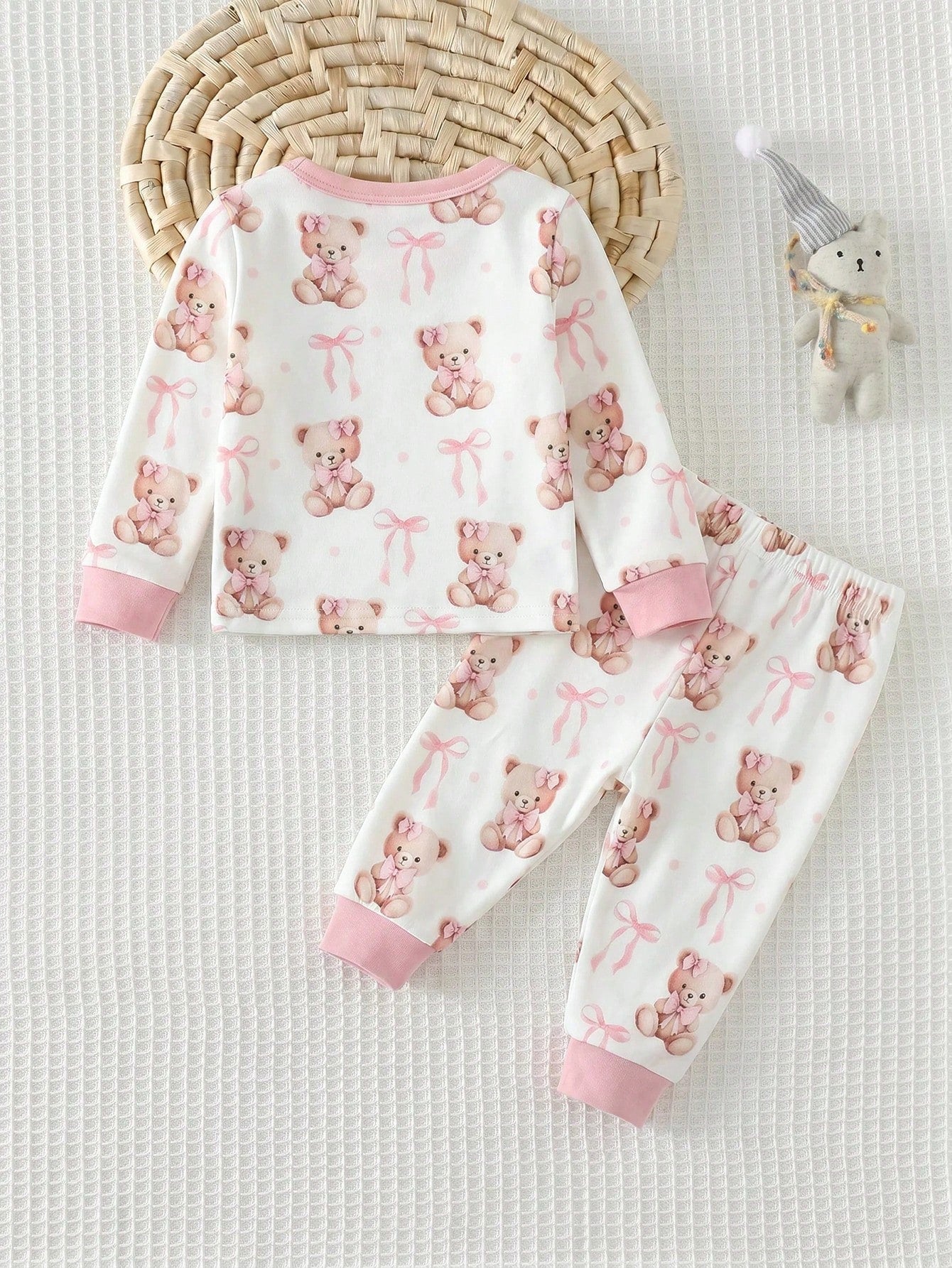 Cozy Pixies Newborn Baby Girl Cartoon Bear Pattern Knitted Soft Round Neck Long Sleeve Pullover Top And Elastic Waist Long Pants 2-Piece Set Comfy Soft Cute