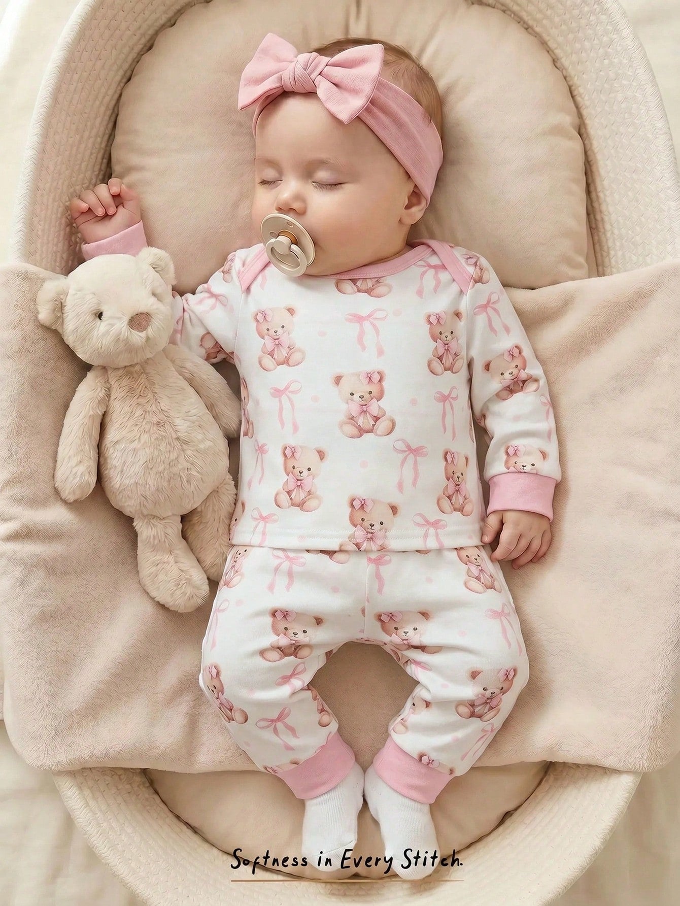Cozy Pixies Newborn Baby Girl Cartoon Bear Pattern Knitted Soft Round Neck Long Sleeve Pullover Top And Elastic Waist Long Pants 2-Piece Set Comfy Soft Cute