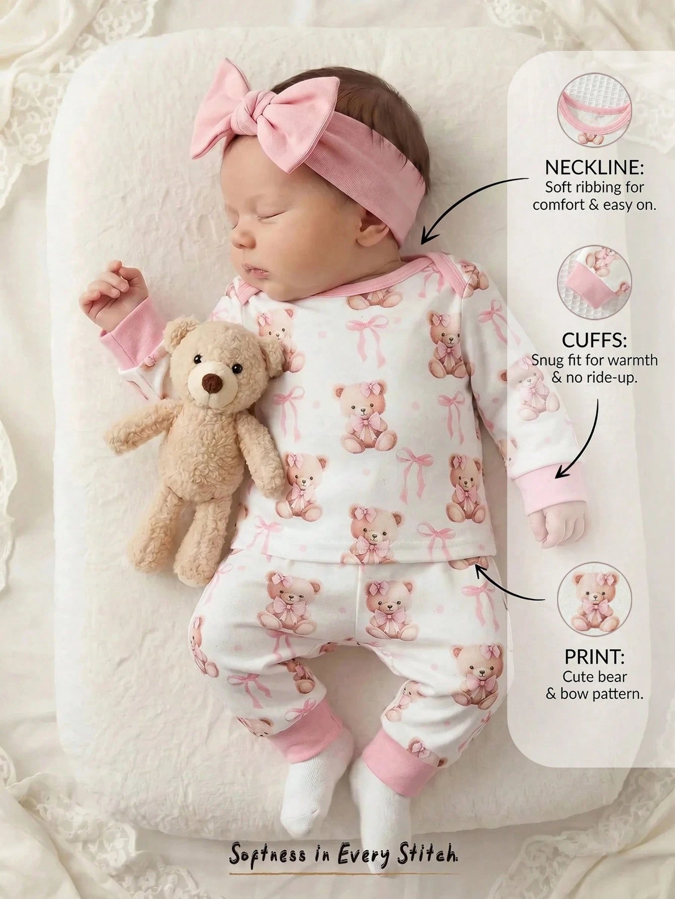 Cozy Pixies Newborn Baby Girl Cartoon Bear Pattern Knitted Soft Round Neck Long Sleeve Pullover Top And Elastic Waist Long Pants 2-Piece Set Comfy Soft Cute