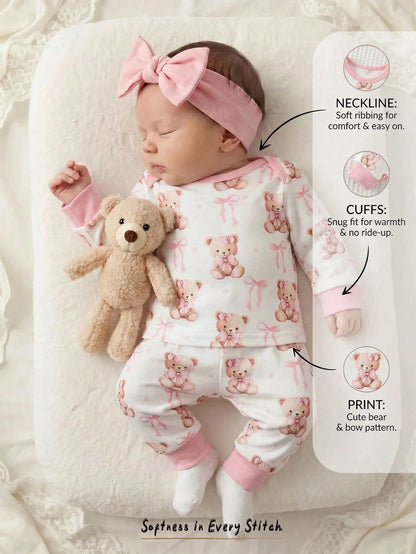 Cozy Pixies Newborn Baby Girl Cartoon Bear Pattern Knitted Soft Round Neck Long Sleeve Pullover Top And Elastic Waist Long Pants 2-Piece Set Comfy Soft Cute