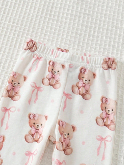 Cozy Pixies Newborn Baby Girl Cartoon Bear Pattern Knitted Soft Round Neck Long Sleeve Pullover Top And Elastic Waist Long Pants 2-Piece Set Comfy Soft Cute