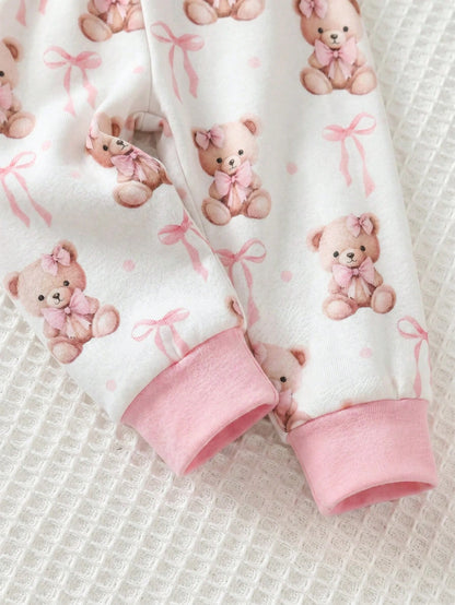 Cozy Pixies Newborn Baby Girl Cartoon Bear Pattern Knitted Soft Round Neck Long Sleeve Pullover Top And Elastic Waist Long Pants 2-Piece Set Comfy Soft Cute