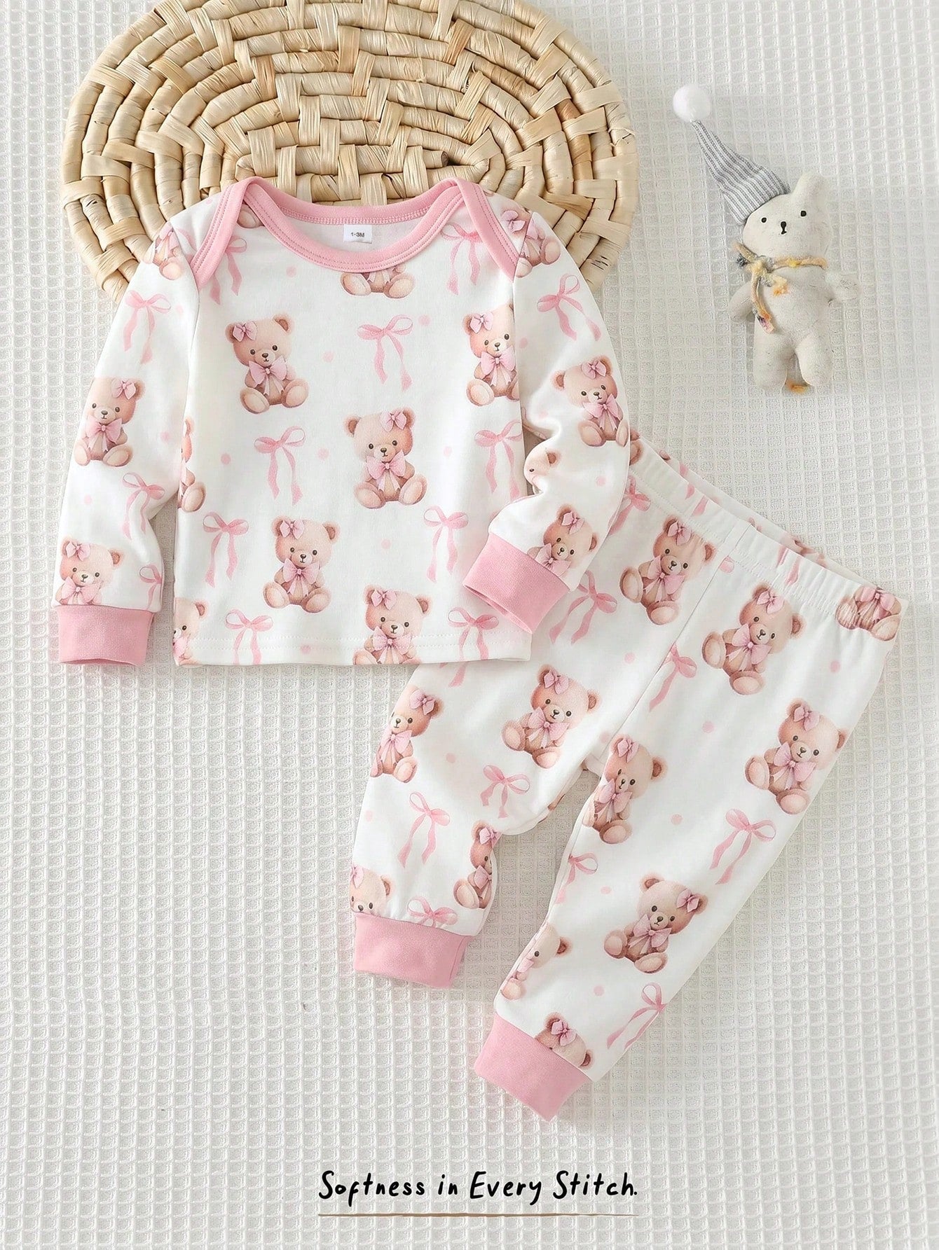 Cozy Pixies Newborn Baby Girl Cartoon Bear Pattern Knitted Soft Round Neck Long Sleeve Pullover Top And Elastic Waist Long Pants 2-Piece Set Comfy Soft Cute