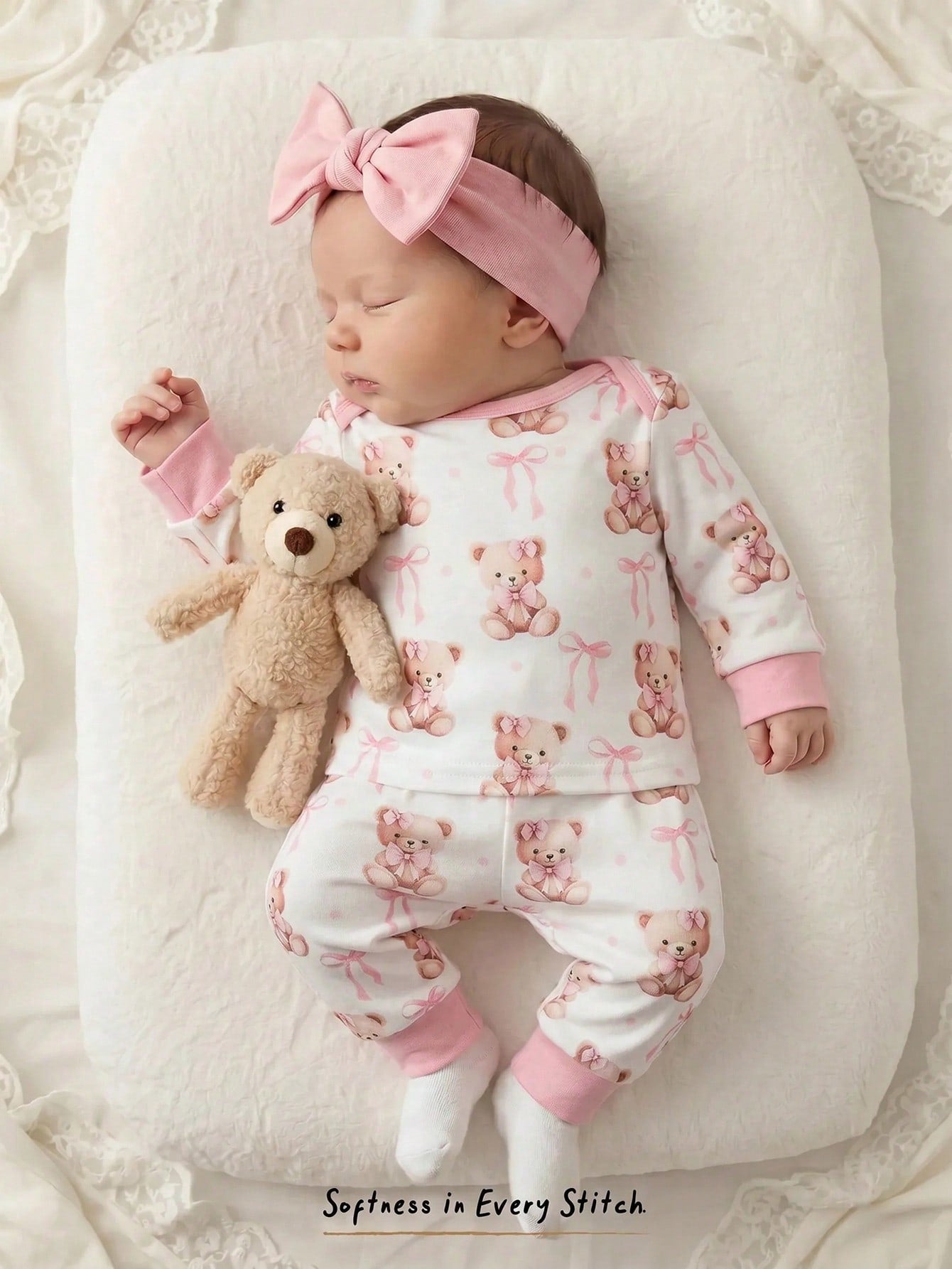 Cozy Pixies Newborn Baby Girl Cartoon Bear Pattern Knitted Soft Round Neck Long Sleeve Pullover Top And Elastic Waist Long Pants 2-Piece Set Comfy Soft Cute