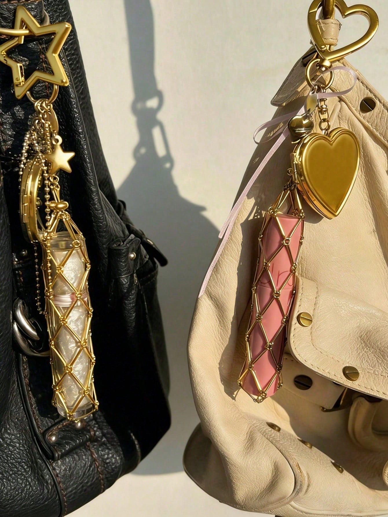 Creative Hanging Decor Heart Star Pendant Mesh Bag Lipstick Storage Pouch Stainless Steel Lip Balm Holder Metal Keychain