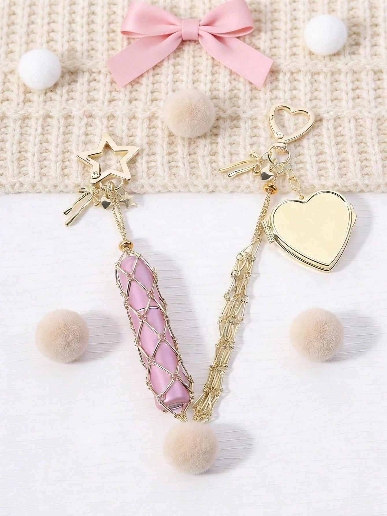 Creative Hanging Decor Heart Star Pendant Mesh Bag Lipstick Storage Pouch Stainless Steel Lip Balm Holder Metal Keychain