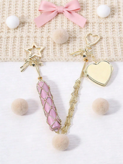 Creative Hanging Decor Heart Star Pendant Mesh Bag Lipstick Storage Pouch Stainless Steel Lip Balm Holder Metal Keychain