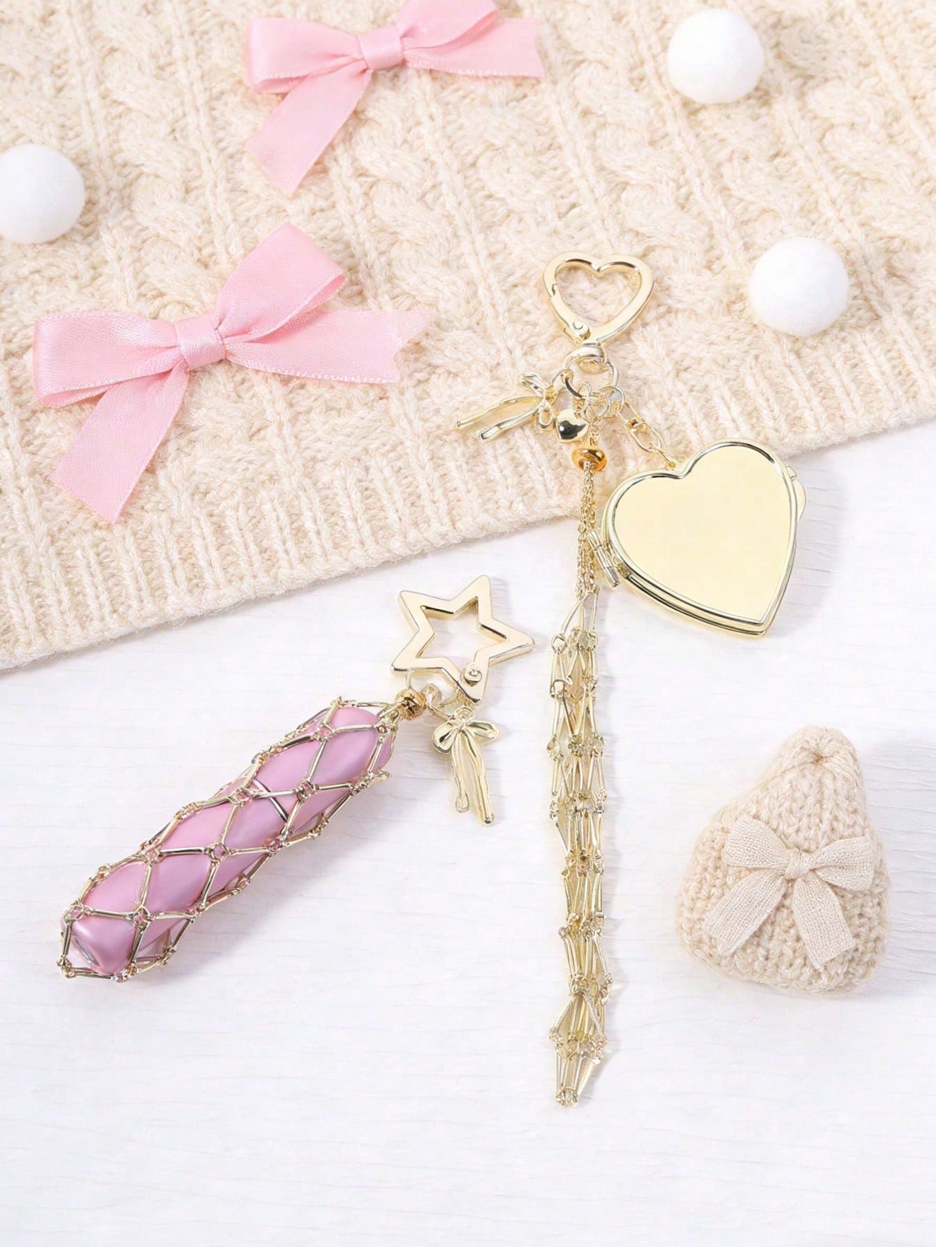 Creative Hanging Decor Heart Star Pendant Mesh Bag Lipstick Storage Pouch Stainless Steel Lip Balm Holder Metal Keychain