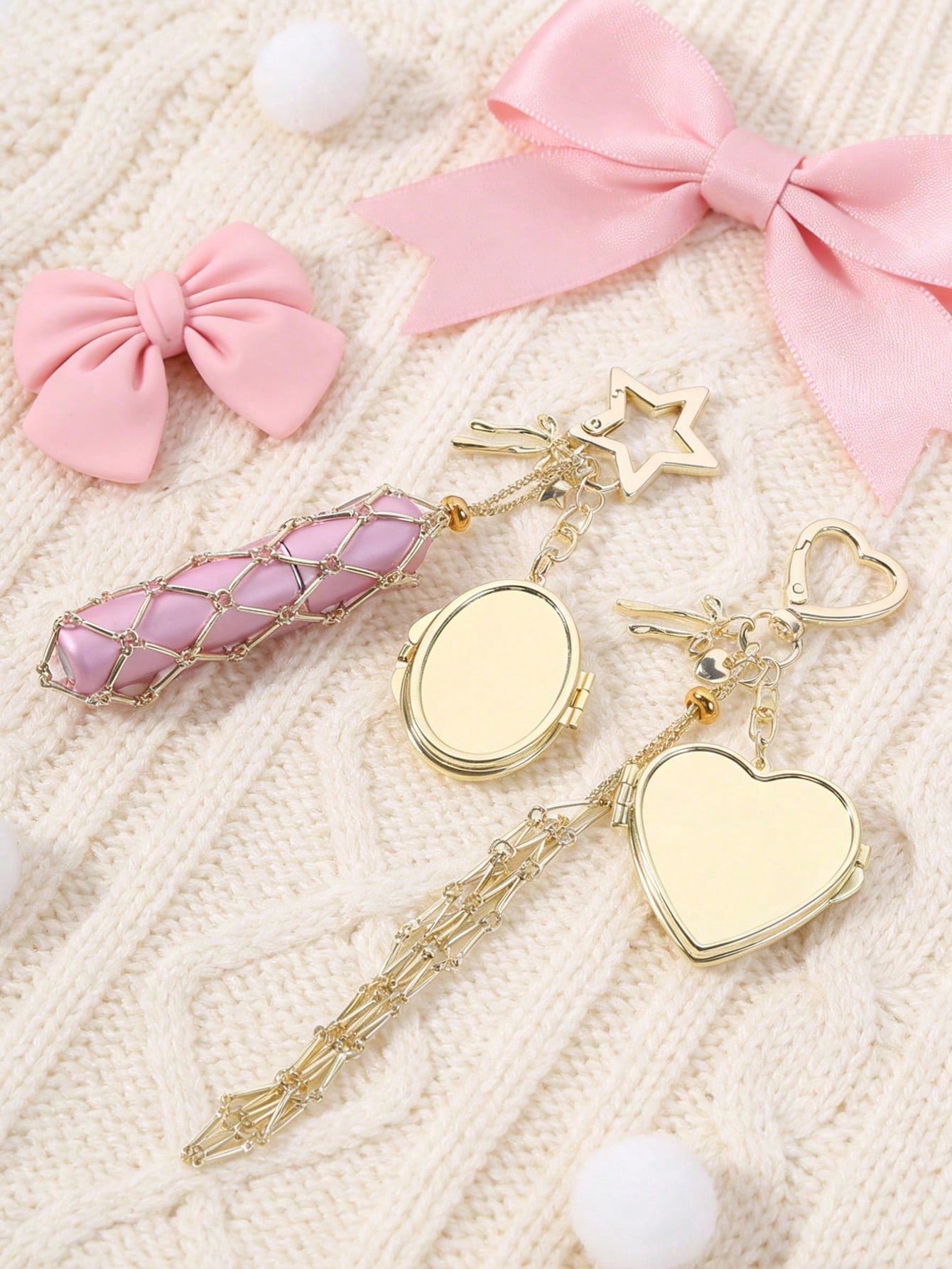 Creative Hanging Decor Heart Star Pendant Mesh Bag Lipstick Storage Pouch Stainless Steel Lip Balm Holder Metal Keychain