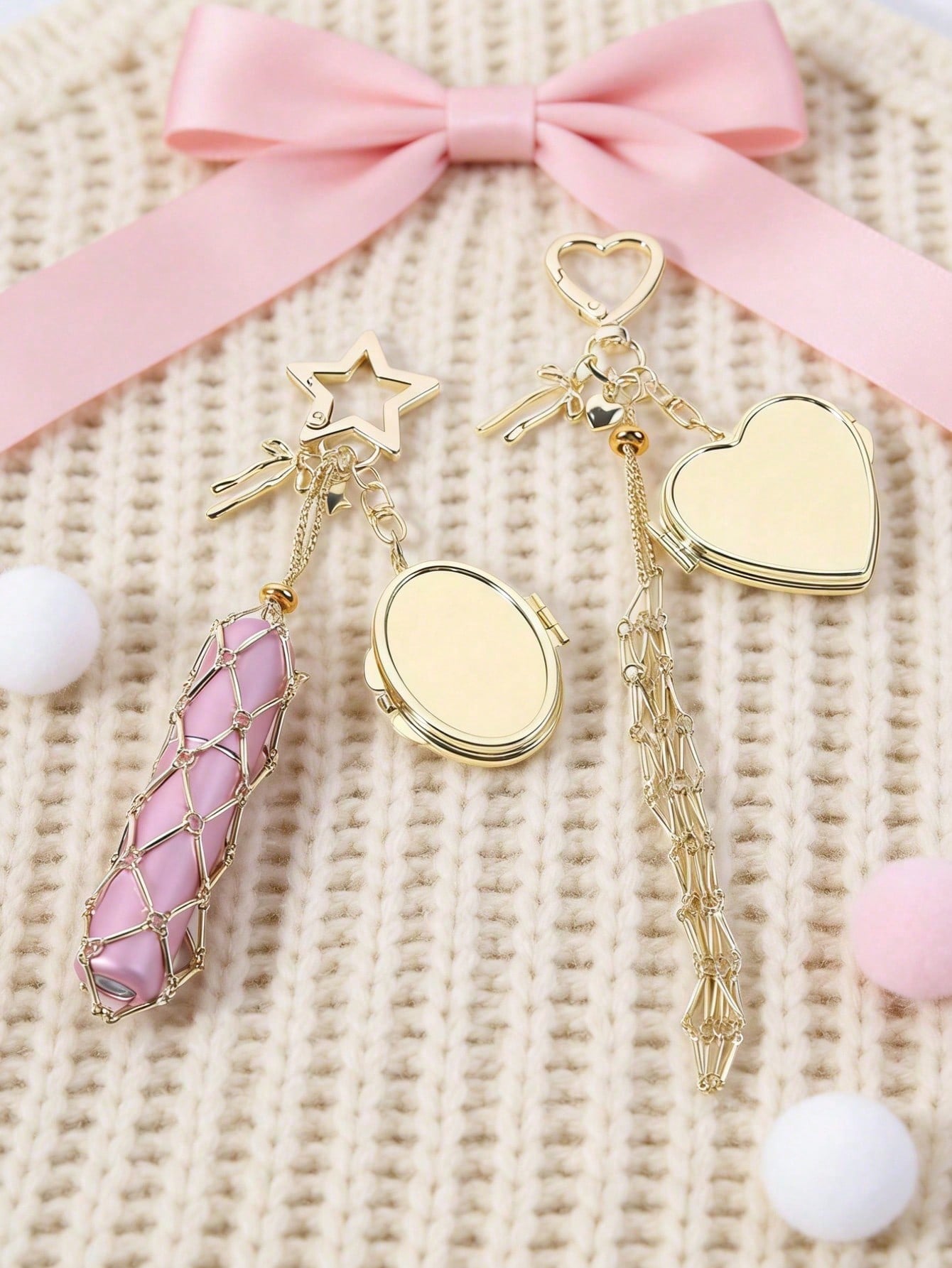 Creative Hanging Decor Heart Star Pendant Mesh Bag Lipstick Storage Pouch Stainless Steel Lip Balm Holder Metal Keychain