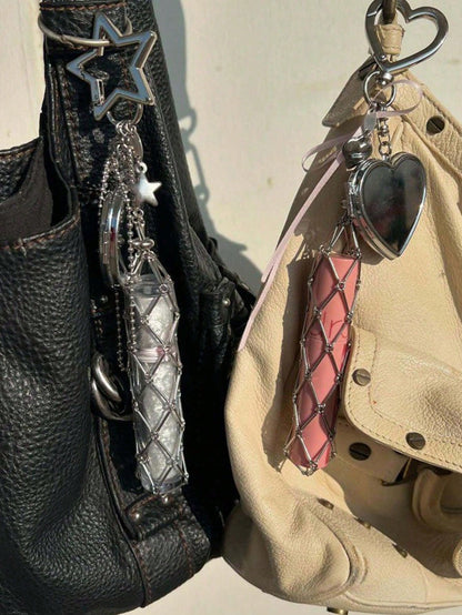 Creative Hanging Decor Heart Star Pendant Mesh Bag Lipstick Storage Pouch Stainless Steel Lip Balm Holder Metal Keychain