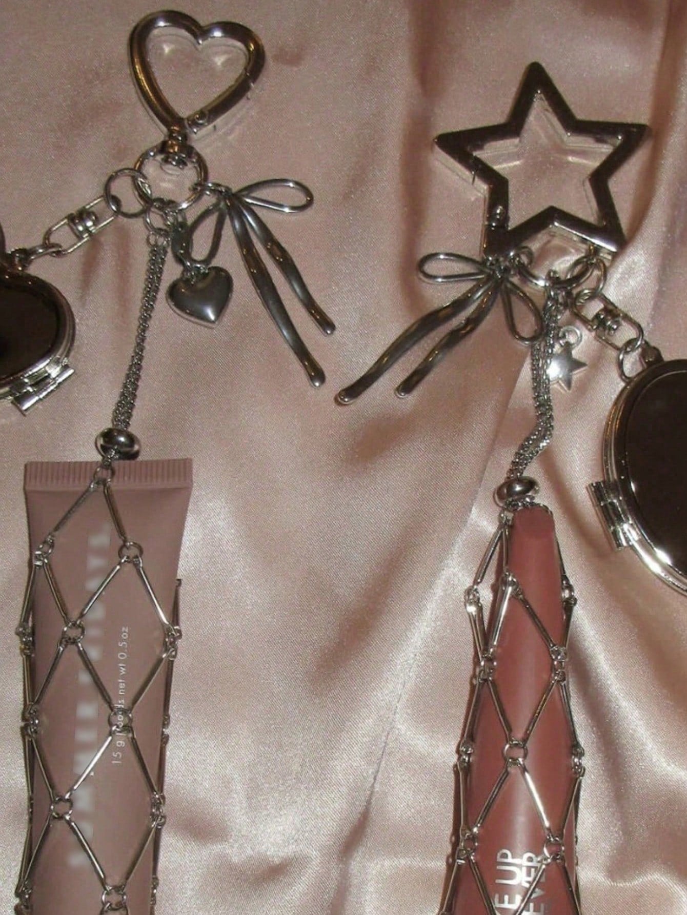 Creative Hanging Decor Heart Star Pendant Mesh Bag Lipstick Storage Pouch Stainless Steel Lip Balm Holder Metal Keychain
