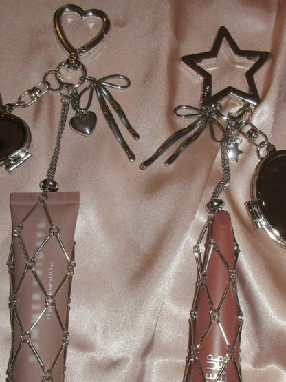 Creative Hanging Decor Heart Star Pendant Mesh Bag Lipstick Storage Pouch Stainless Steel Lip Balm Holder Metal Keychain