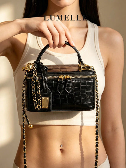 Crocodile Embossed Mini Makeup Bag, Women's Handbag Shoulder Crossbody Bag With Adjustable Gold Chain Strap, Square Shoulder Bag Suitable For Daily/Date/Party, Black Faux Leather Small Handbag