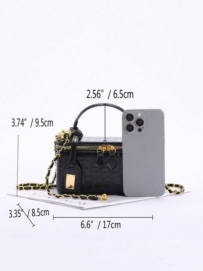 Crocodile Embossed Mini Makeup Bag, Women's Handbag Shoulder Crossbody Bag With Adjustable Gold Chain Strap, Square Shoulder Bag Suitable For Daily/Date/Party, Black Faux Leather Small Handbag