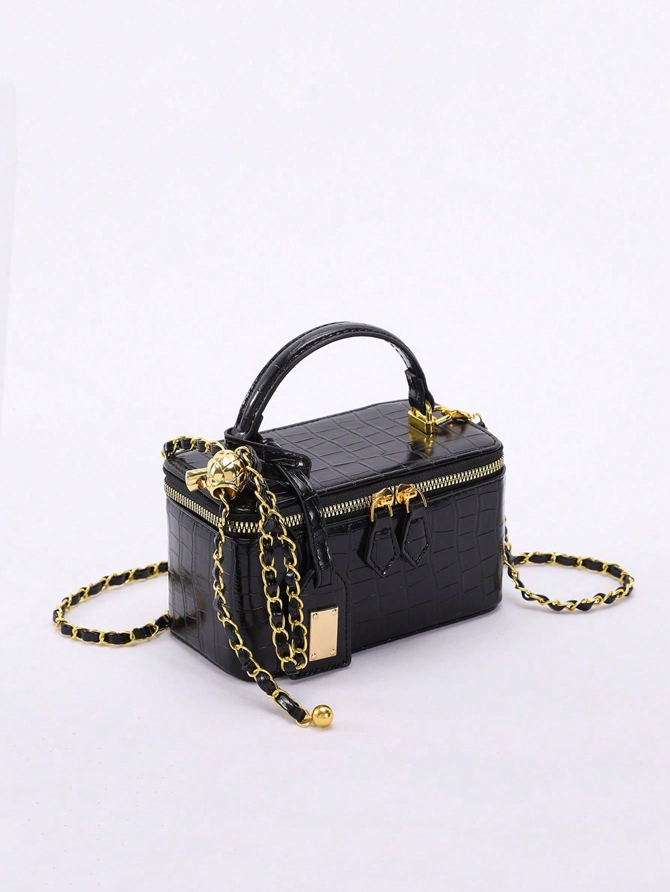 Crocodile Embossed Mini Makeup Bag, Women's Handbag Shoulder Crossbody Bag With Adjustable Gold Chain Strap, Square Shoulder Bag Suitable For Daily/Date/Party, Black Faux Leather Small Handbag