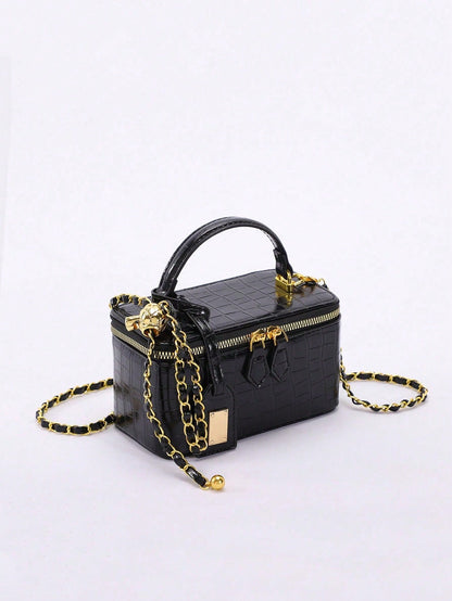 Crocodile Embossed Mini Makeup Bag, Women's Handbag Shoulder Crossbody Bag With Adjustable Gold Chain Strap, Square Shoulder Bag Suitable For Daily/Date/Party, Black Faux Leather Small Handbag