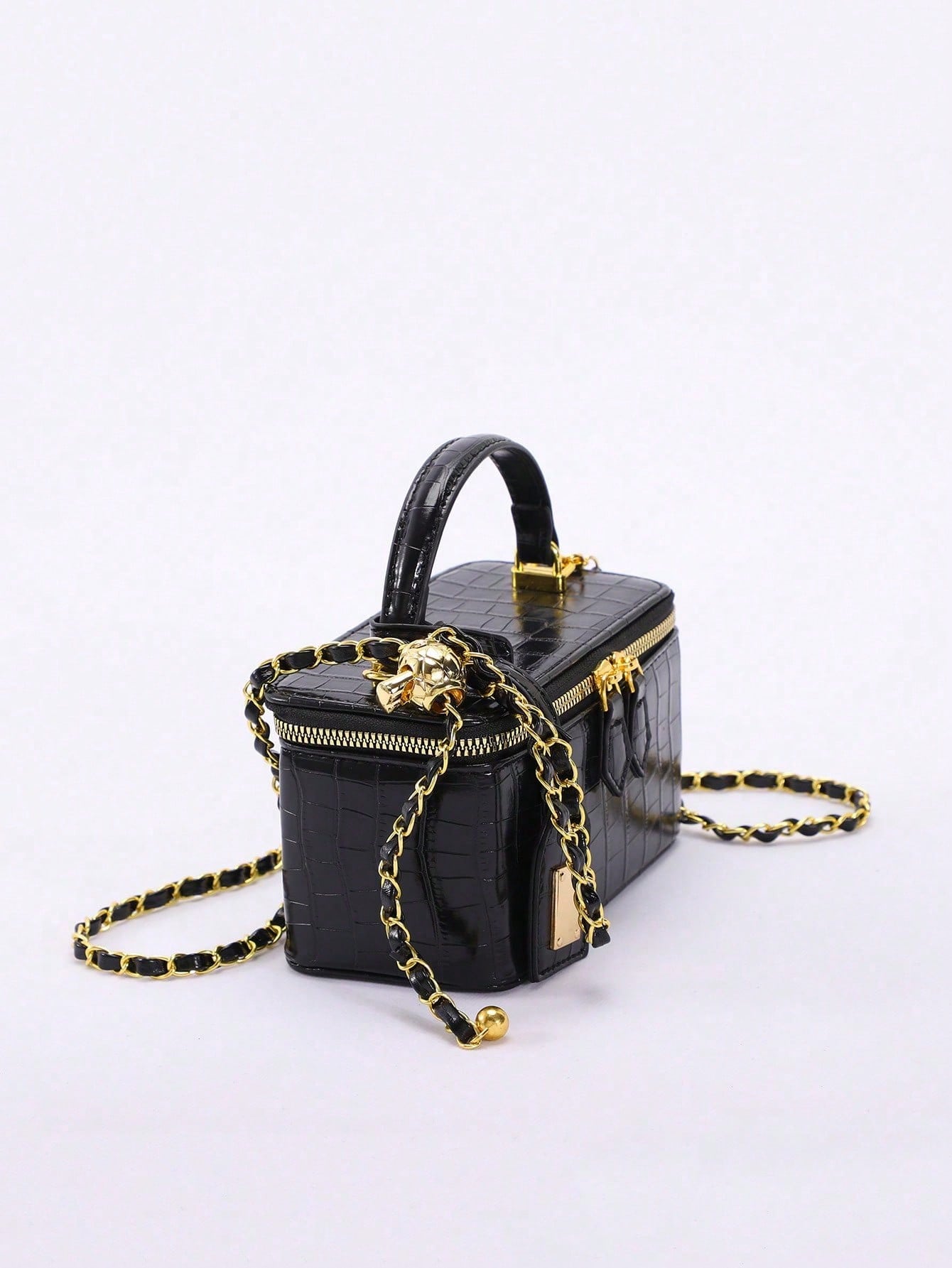 Crocodile Embossed Mini Makeup Bag, Women's Handbag Shoulder Crossbody Bag With Adjustable Gold Chain Strap, Square Shoulder Bag Suitable For Daily/Date/Party, Black Faux Leather Small Handbag