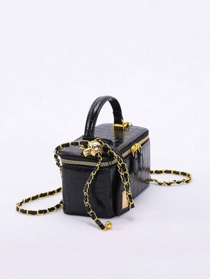 Crocodile Embossed Mini Makeup Bag, Women's Handbag Shoulder Crossbody Bag With Adjustable Gold Chain Strap, Square Shoulder Bag Suitable For Daily/Date/Party, Black Faux Leather Small Handbag