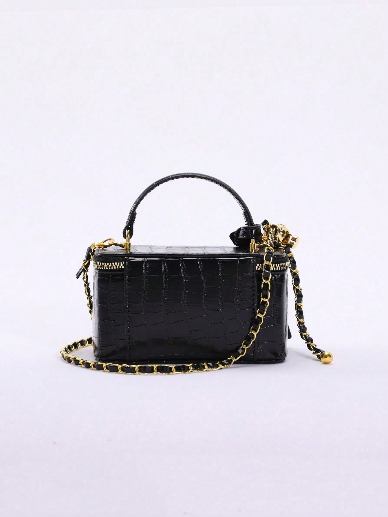Crocodile Embossed Mini Makeup Bag, Women's Handbag Shoulder Crossbody Bag With Adjustable Gold Chain Strap, Square Shoulder Bag Suitable For Daily/Date/Party, Black Faux Leather Small Handbag
