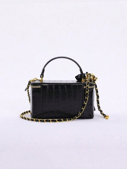 Crocodile Embossed Mini Makeup Bag, Women's Handbag Shoulder Crossbody Bag With Adjustable Gold Chain Strap, Square Shoulder Bag Suitable For Daily/Date/Party, Black Faux Leather Small Handbag
