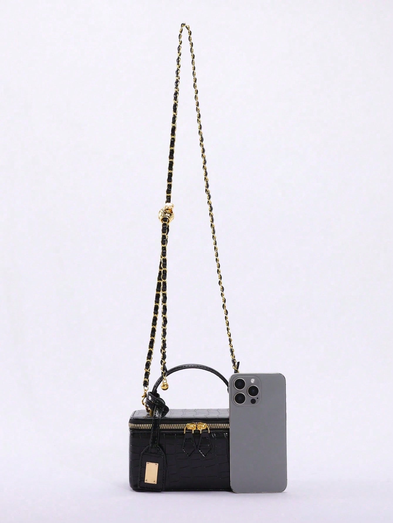Crocodile Embossed Mini Makeup Bag, Women's Handbag Shoulder Crossbody Bag With Adjustable Gold Chain Strap, Square Shoulder Bag Suitable For Daily/Date/Party, Black Faux Leather Small Handbag
