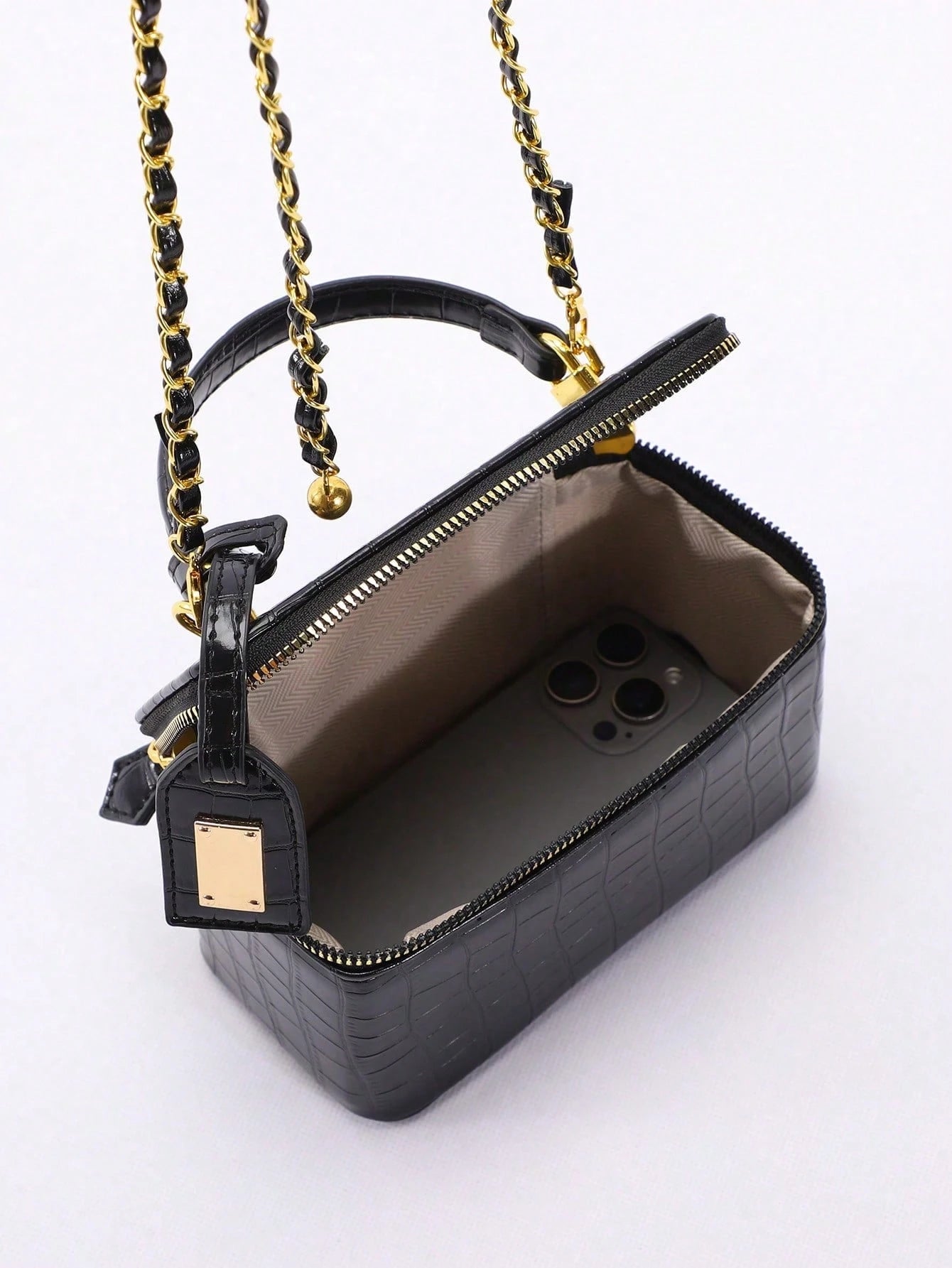 Crocodile Embossed Mini Makeup Bag, Women's Handbag Shoulder Crossbody Bag With Adjustable Gold Chain Strap, Square Shoulder Bag Suitable For Daily/Date/Party, Black Faux Leather Small Handbag