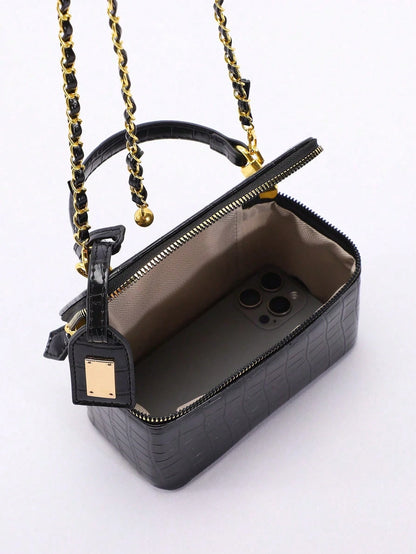 Crocodile Embossed Mini Makeup Bag, Women's Handbag Shoulder Crossbody Bag With Adjustable Gold Chain Strap, Square Shoulder Bag Suitable For Daily/Date/Party, Black Faux Leather Small Handbag