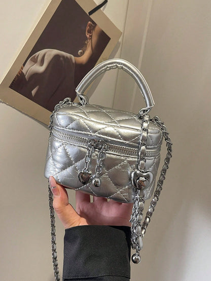 CUCCOO SZL New Fashion Classic Versatile PU Waterproof Fabric, Quilted Diamond Pattern Handbag, Lightweight And Portable Zipper Opening And Closing Design Love Zipper Decoration Crossbody Box Round Ba