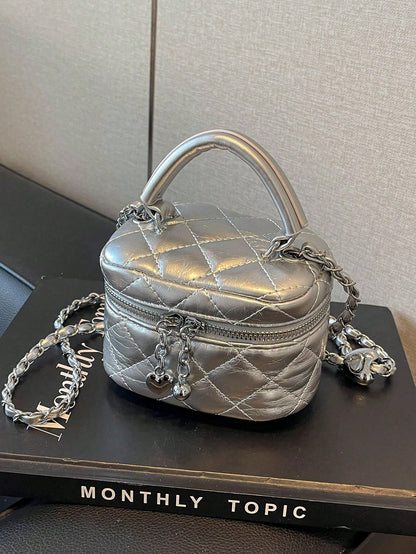CUCCOO SZL New Fashion Classic Versatile PU Waterproof Fabric, Quilted Diamond Pattern Handbag, Lightweight And Portable Zipper Opening And Closing Design Love Zipper Decoration Crossbody Box Round Ba