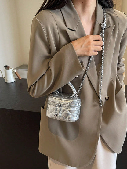 CUCCOO SZL New Fashion Classic Versatile PU Waterproof Fabric, Quilted Diamond Pattern Handbag, Lightweight And Portable Zipper Opening And Closing Design Love Zipper Decoration Crossbody Box Round Ba