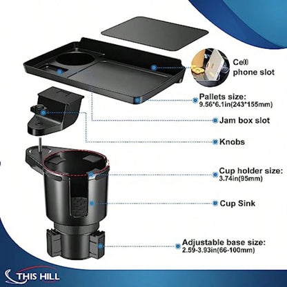 Cup Holder Tray For Car 2 In 1 Detachable Car Food Table Tray With Solid Base Phone Slot Car Cup Holder Eer With 360Rotation Tray For Travel Road Entials
