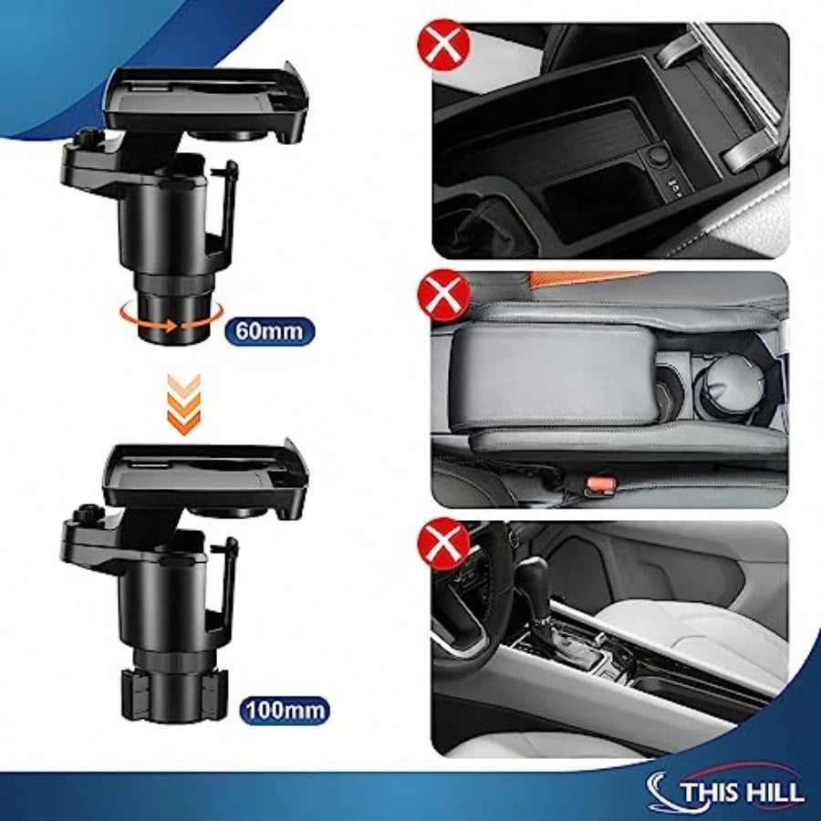 Cup Holder Tray For Car 2 In 1 Detachable Car Food Table Tray With Solid Base Phone Slot Car Cup Holder Eer With 360Rotation Tray For Travel Road Entials