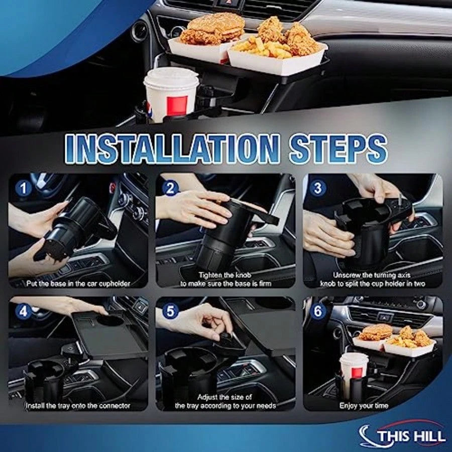 Cup Holder Tray For Car 2 In 1 Detachable Car Food Table Tray With Solid Base Phone Slot Car Cup Holder Eer With 360Rotation Tray For Travel Road Entials