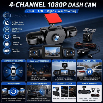Curear 4-Channel 1080P FHD Dash Cam, Front Left Right Rear Cameras Car DVR Recorder With 3.6 Inch IPS Display, IR Night Vision, WDR Exposure, Loop Recording, G-Sensor Collision Lock, Parking Detection