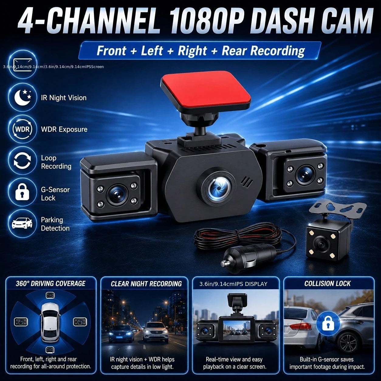 Curear 4-Channel 1080P FHD Dash Cam, Front Left Right Rear Cameras Car DVR Recorder With 3.6 Inch IPS Display, IR Night Vision, WDR Exposure, Loop Recording, G-Sensor Collision Lock, Parking Detection