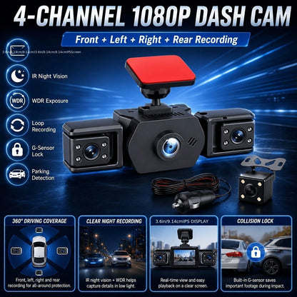 Curear 4-Channel 1080P FHD Dash Cam, Front Left Right Rear Cameras Car DVR Recorder With 3.6 Inch IPS Display, IR Night Vision, WDR Exposure, Loop Recording, G-Sensor Collision Lock, Parking Detection