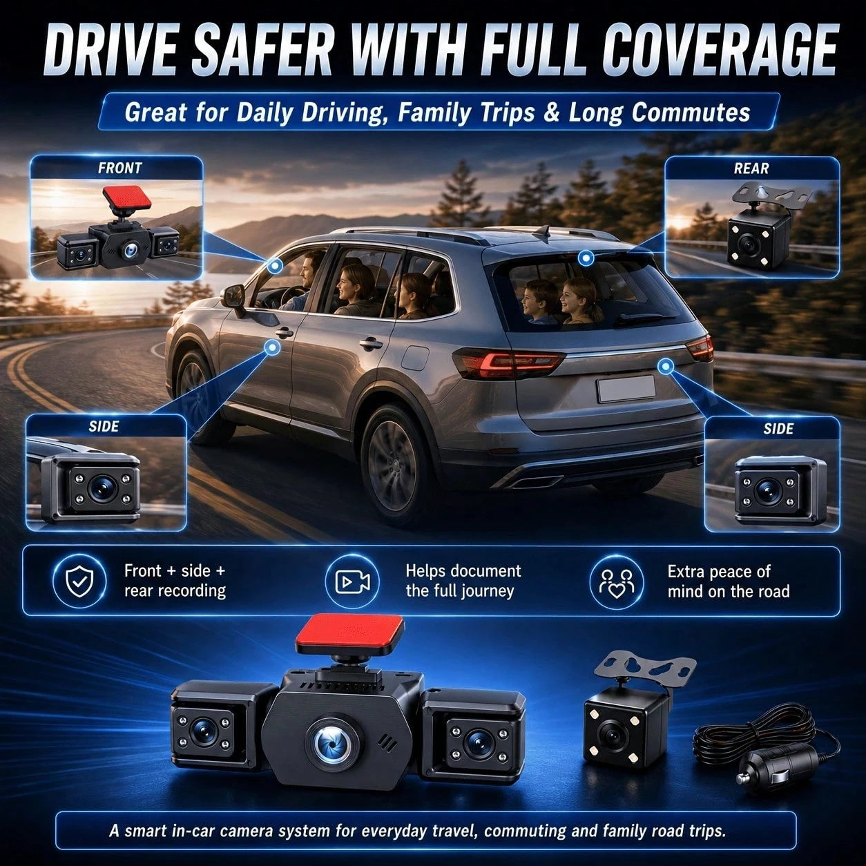 Curear 4-Channel 1080P FHD Dash Cam, Front Left Right Rear Cameras Car DVR Recorder With 3.6 Inch IPS Display, IR Night Vision, WDR Exposure, Loop Recording, G-Sensor Collision Lock, Parking Detection