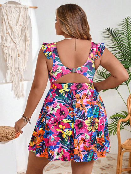 CURVE+ 2pcs Plus Size Women Ruffled Vibrant Floral Print Camisole & Swimwear Top,Pink,Summer,Boho,Beach,Holiday Casual Bathing Suits Vacation Outfits Woman