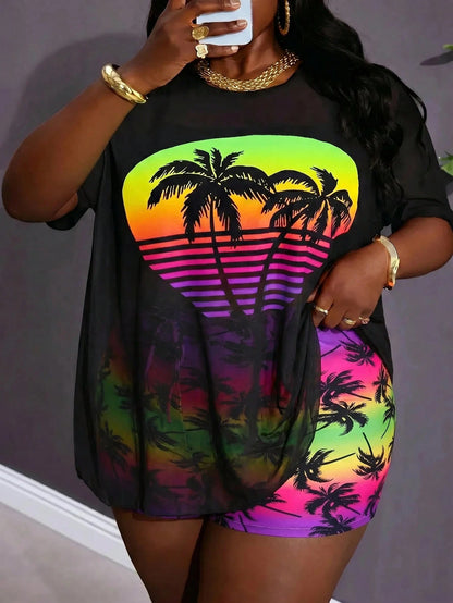 CURVE+ Curvy Plus Size Women's Minimalist Casual T-Shirt + Plus Size Bikini Tank Top + Plus Size Shorts, Suitable For Summer Beach Holiday Daily Wear, Plus Size 3-Piece Swimsuit, Curvy Plus Size