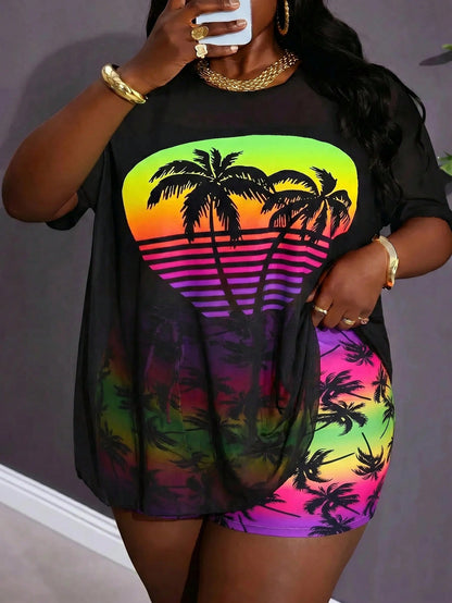 CURVE+ Curvy Plus Size Women's Minimalist Casual T-Shirt + Plus Size Bikini Tank Top + Plus Size Shorts, Suitable For Summer Beach Holiday Daily Wear, Plus Size 3-Piece Swimsuit, Curvy Plus Size