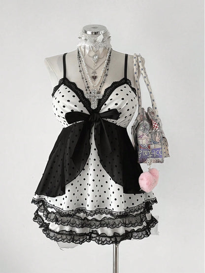 CURVE+ Plus Size Elegant Polka Dot Camisole With Bow, Suitable For Spring/Summer Vacation
